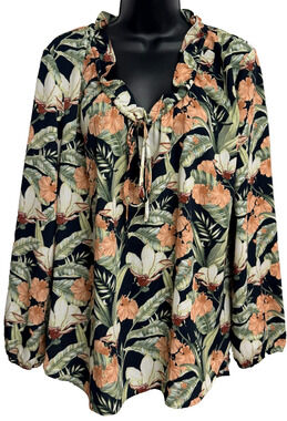 Ann Taylor Ruffle Tie Neck Blouse Women's Large Floral Long Sleeve Peasant Top